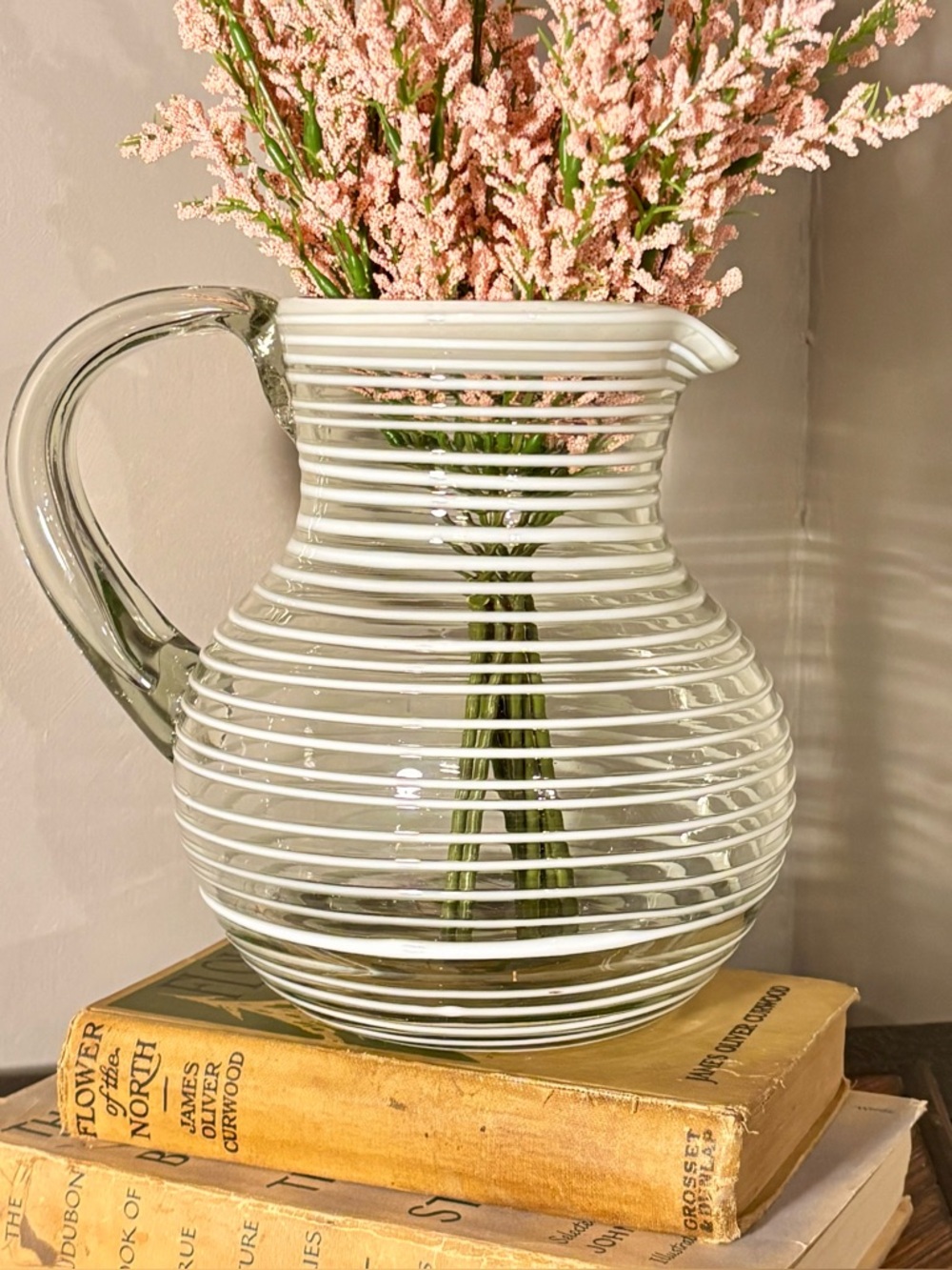 Novica Mexican Handblown Glass Pitcher White Spiral Latticino Recycled Glass 8"